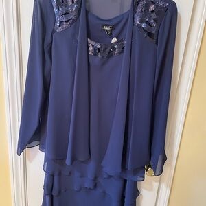 SLNY Chiffon Sequin Jacket & Dress Set Size 16 Navy Blue ✨